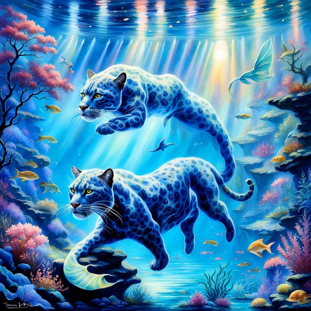 Blue Mermaid Panther in Ethereal Underwater Fantasy