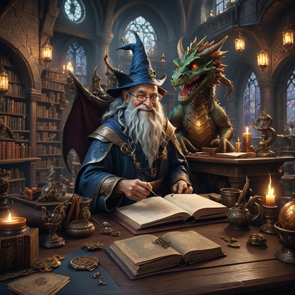 Wizard Studying with Dragon, Detailed Matte Painting