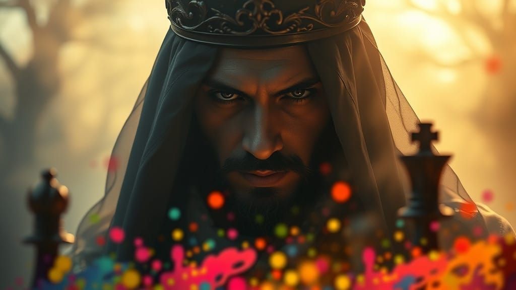 Mysterious Regal Figure in Whimsical Fairy Tale Landscape