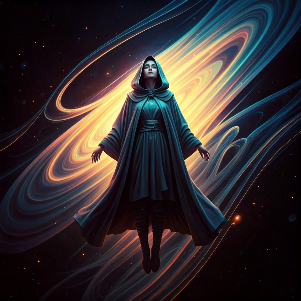 Woman Suspended in Iridescent Aura, Futuristic Realism