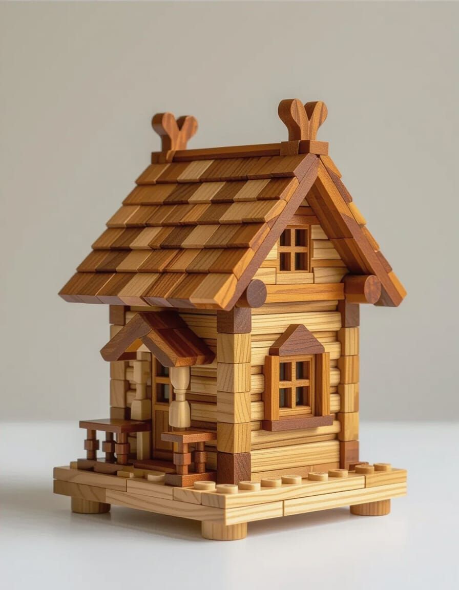 Intricate Wooden Lego Set in Folk Art Style