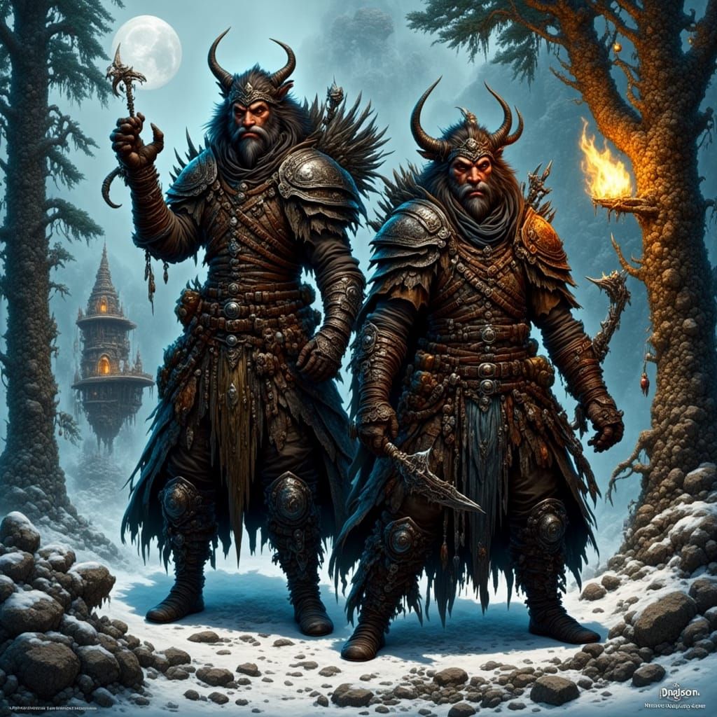 Bugbear Barbarian and Elf Ranger in Snowy Forest Battle