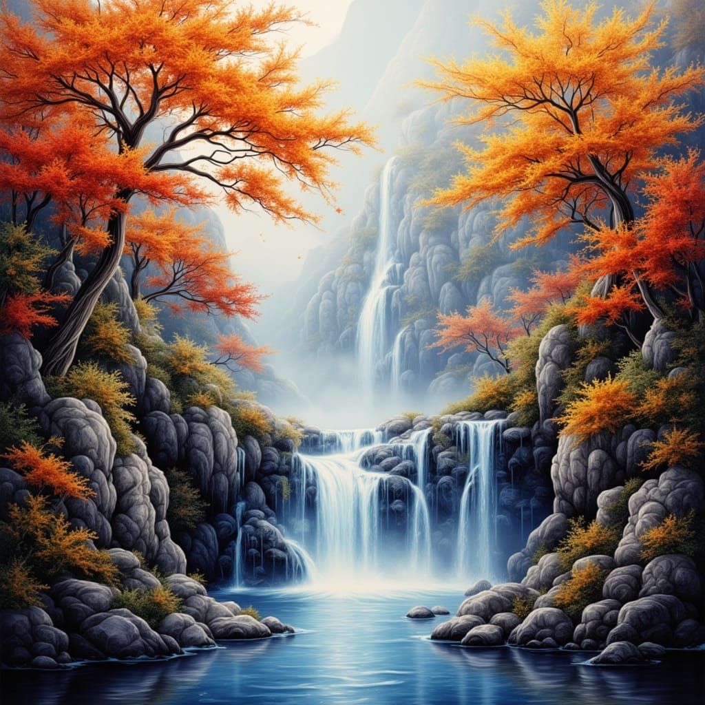Surreal Chinese Landscape Oil Painting of Autumn Maple Trees