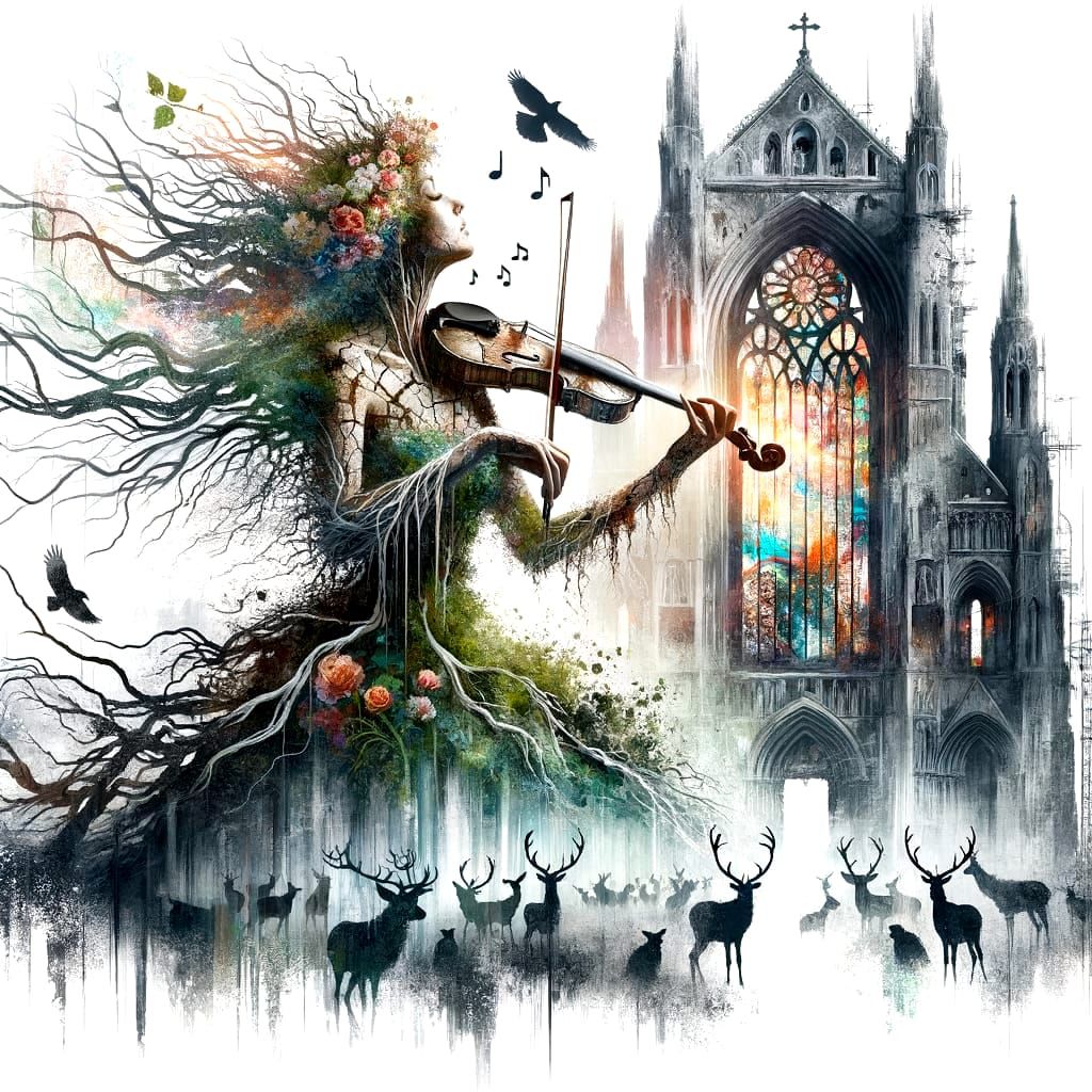 Decaying Cathedral: Violinist's Requiem in Double Exposure