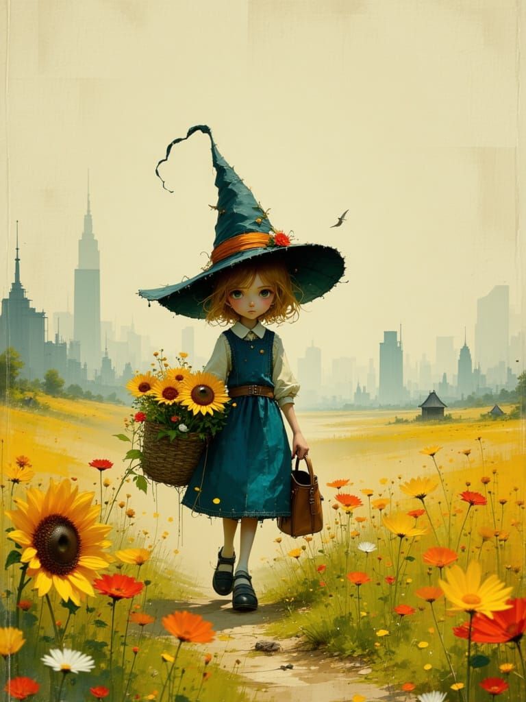 Girl with Flowers in Field with City Backdrop