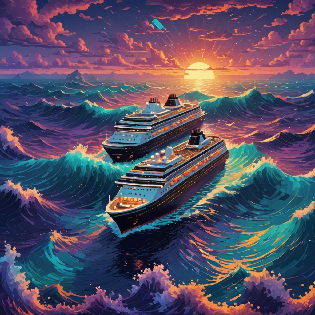 Large Cruise Ship on Turquoise Sea in Pixel Art