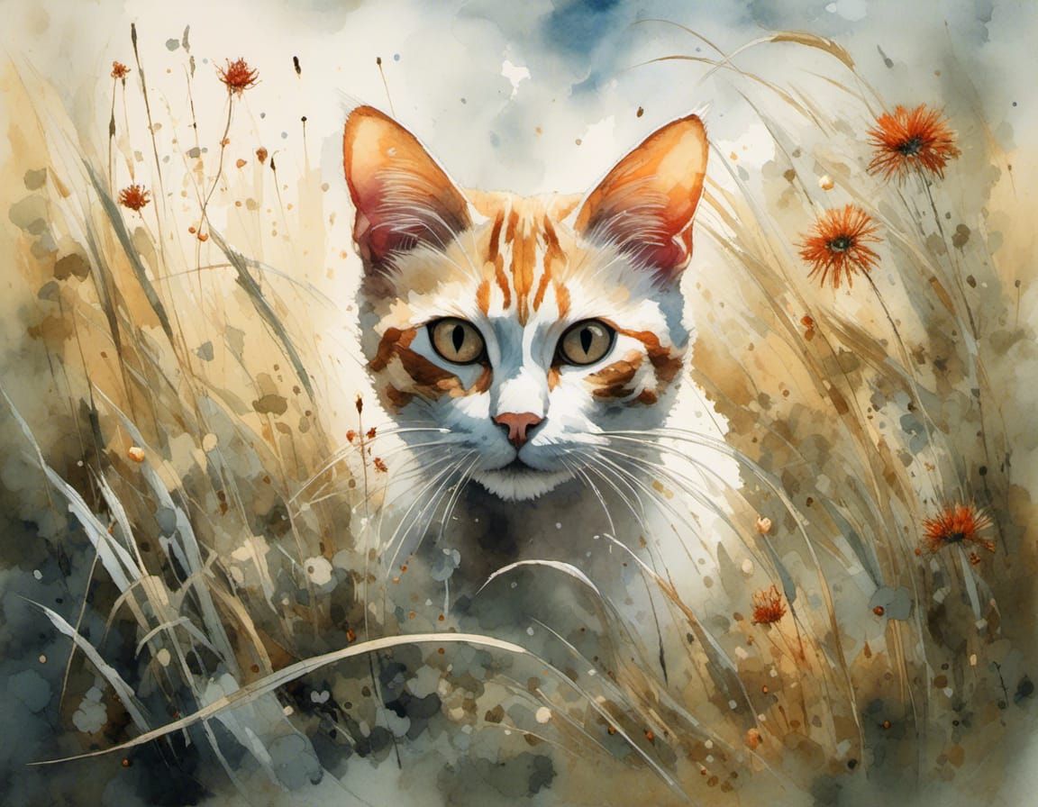 Cat Prowling in Grass, Watercolour and Oil