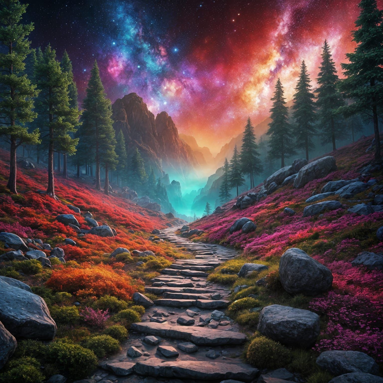 Enchanted Forest Path to a Colorful Galaxy