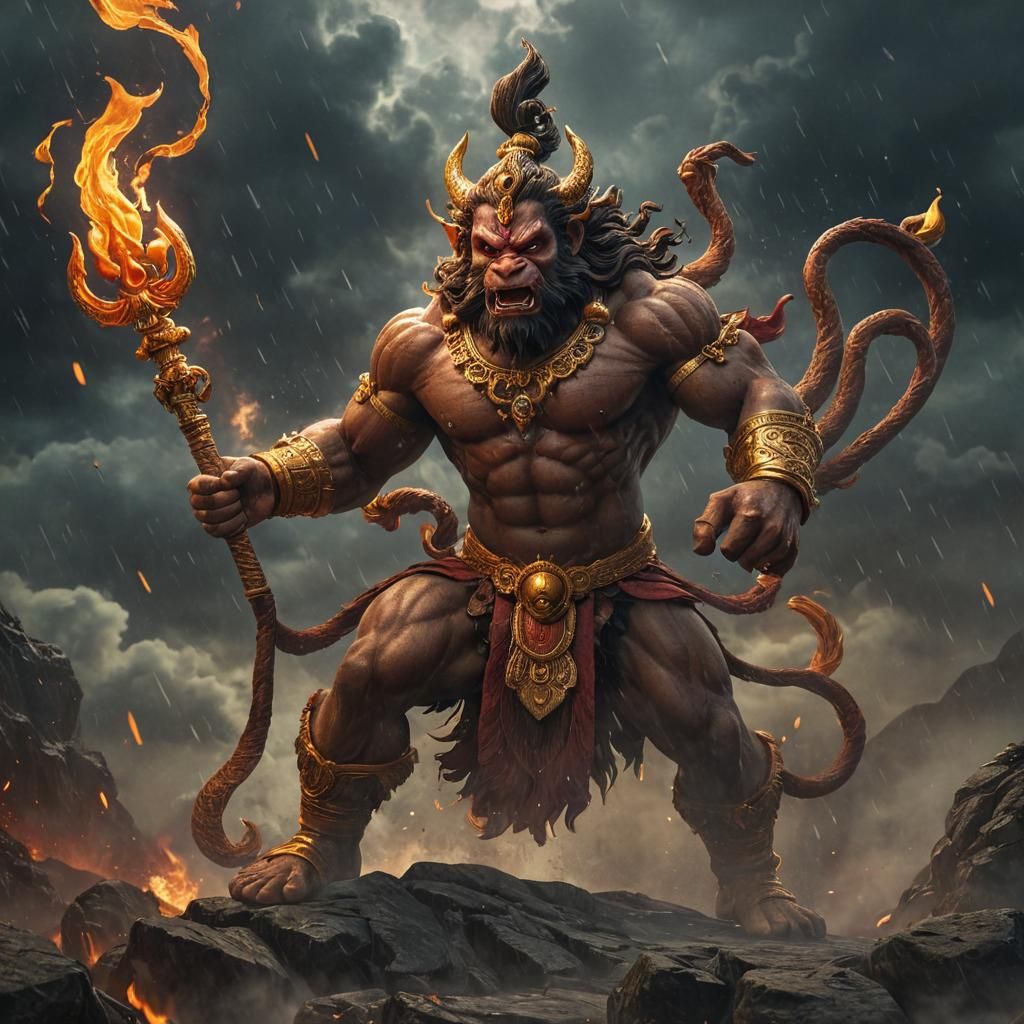 Epic Panchmukhi Hanuman in Fiery Stormy Glory