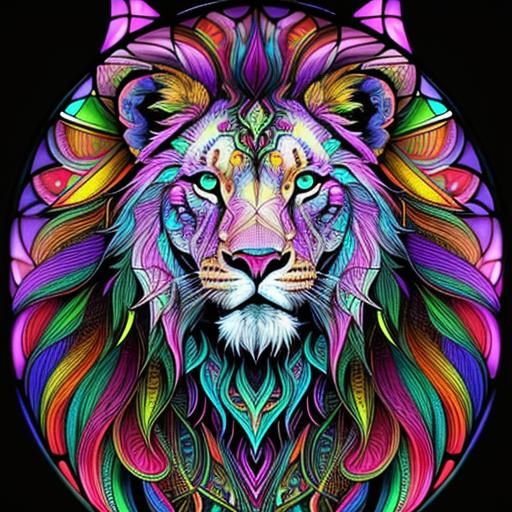 Lion Portrait with Geometric Linework in Neon Colors
