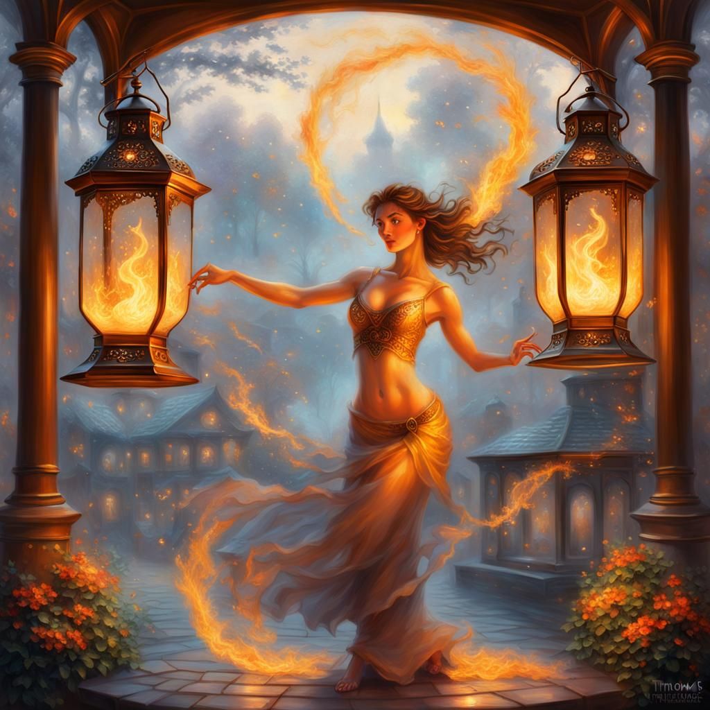 Ethereal Fire Dancer in Glass Lantern, Hyperdetailed Fantasy