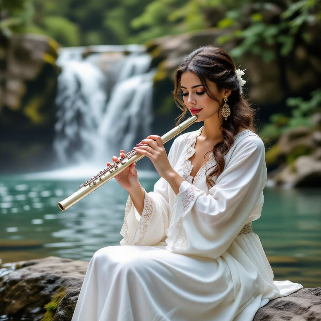 Turkish Woman Playing Flute by Waterfall