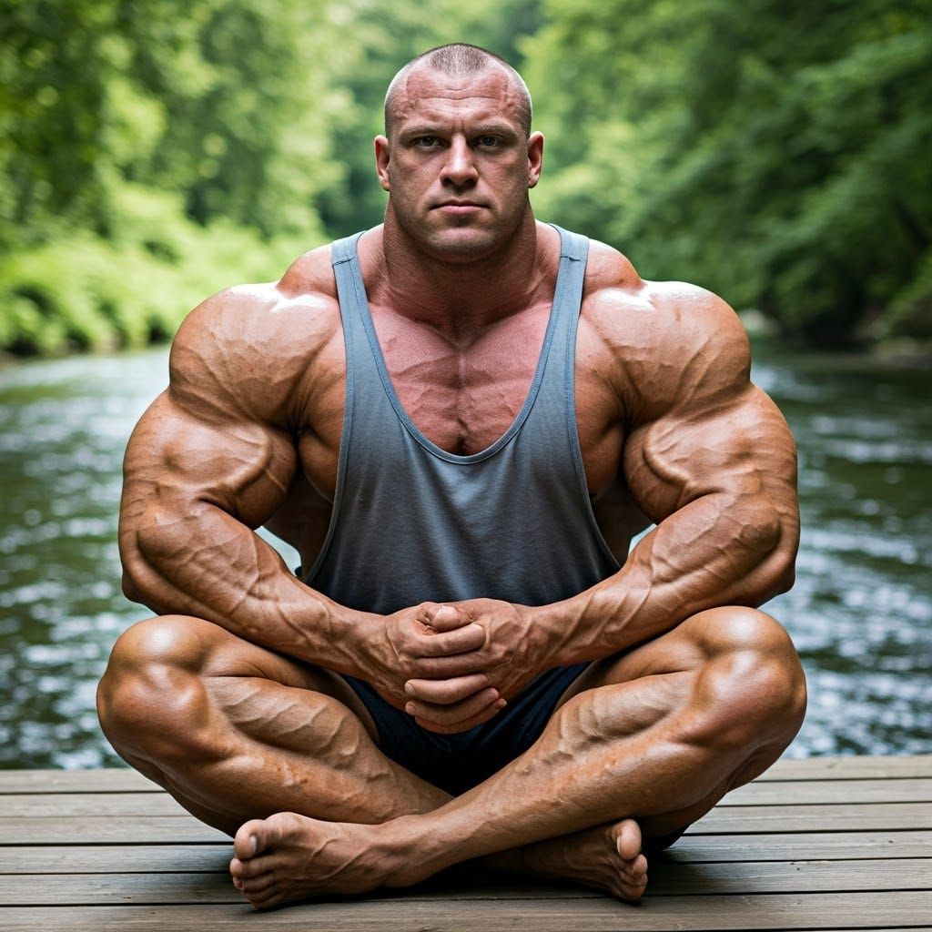 Hyper-Muscular Man Meditating by a River