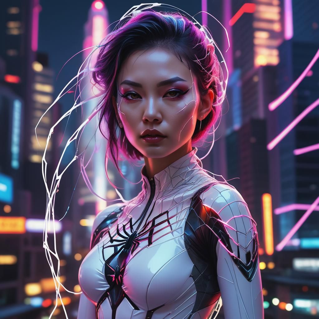 Silk 2099 in Cyberpunk Cityscape at Dusk