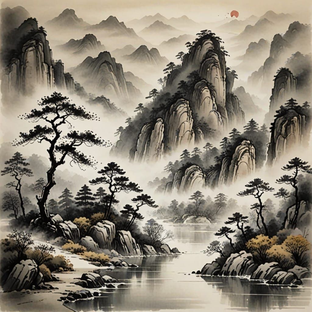 Serene Ink Wash Mountain Landscape with River