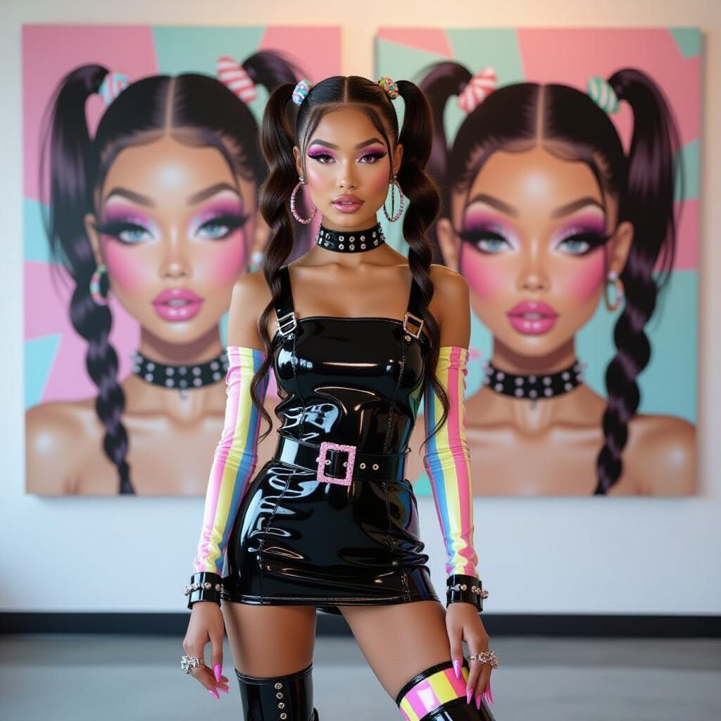 Candy-Pop Fashionista with Mismatched Boots in Moody Lightin...