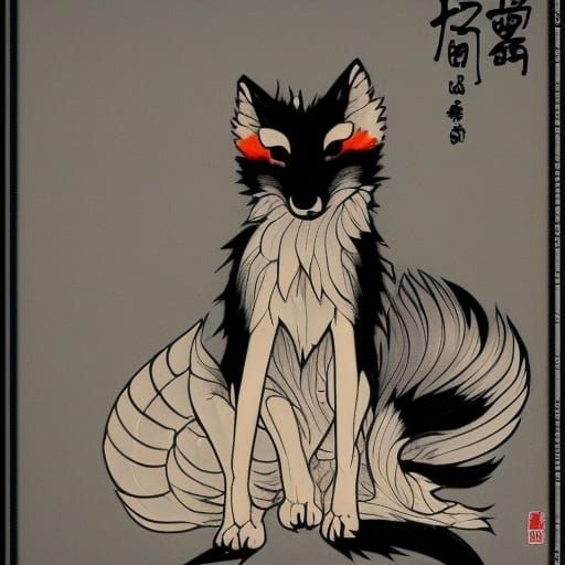 Mystical Black Kitsune Illustration