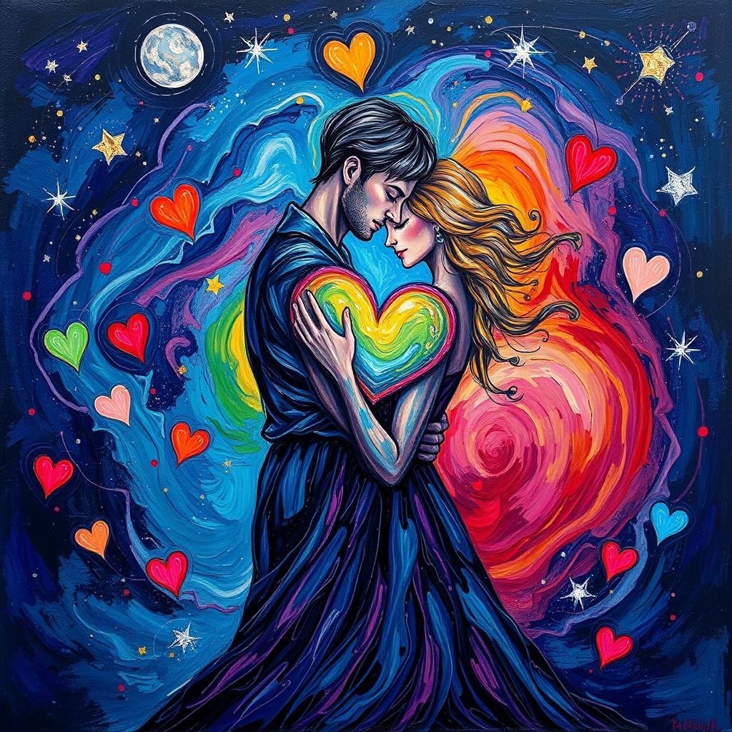 Cosmic Lovers Surrounded by Rainbow Hearts in Impasto Style