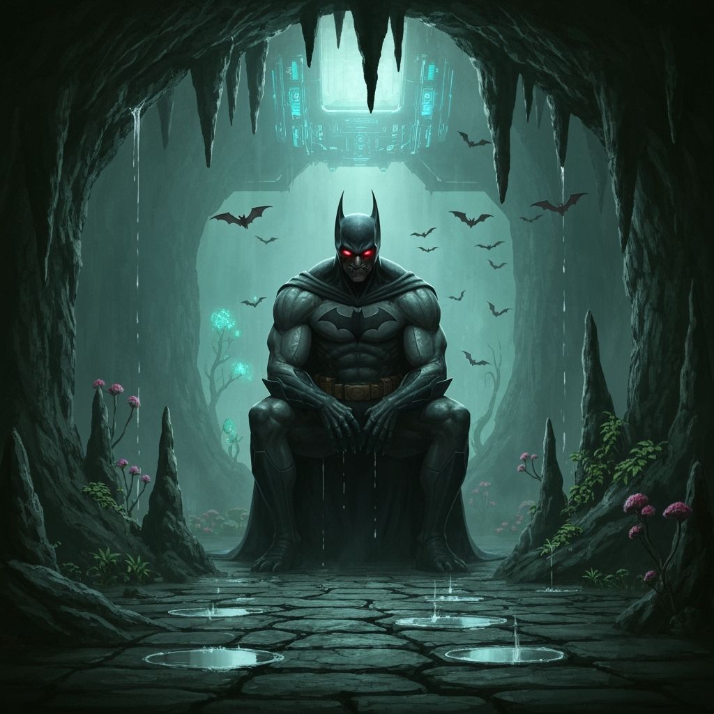 Demonic Batman Contemplates Lair in Dark Concept Art Style