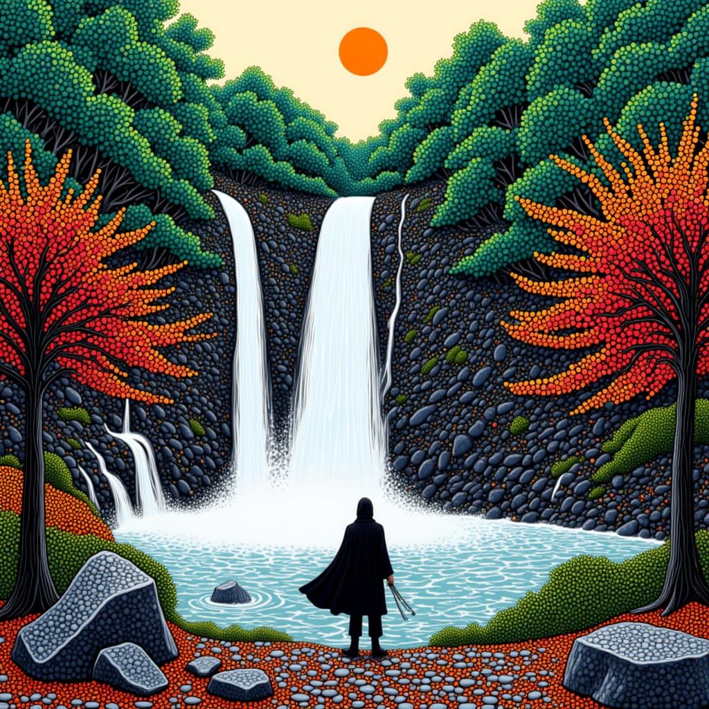 Ninja Portrait at Windy Waterfall Inspired by Kusama