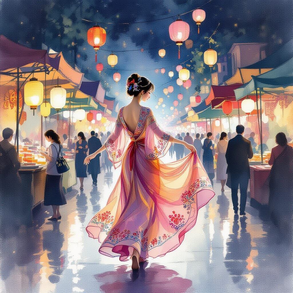 Solitary Dancer in Lantern-Lit Night Market