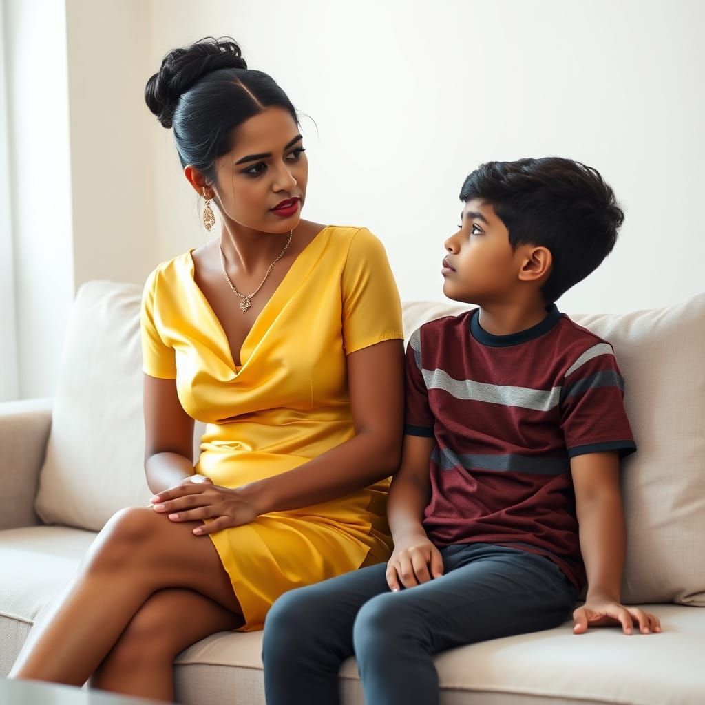 Elegant Indian Woman in Yellow Silk Outfit on Sofa