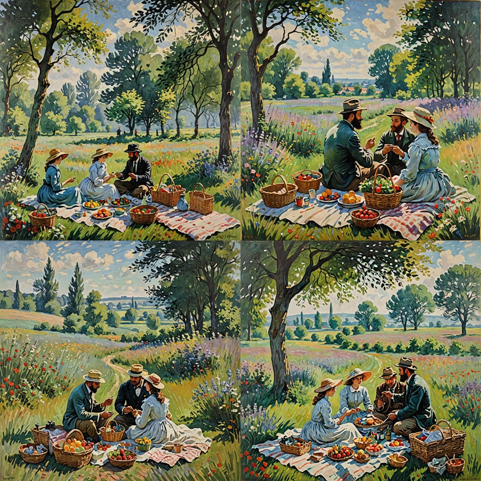 Painting, Monet style, man and woman having a picnic in a fi...