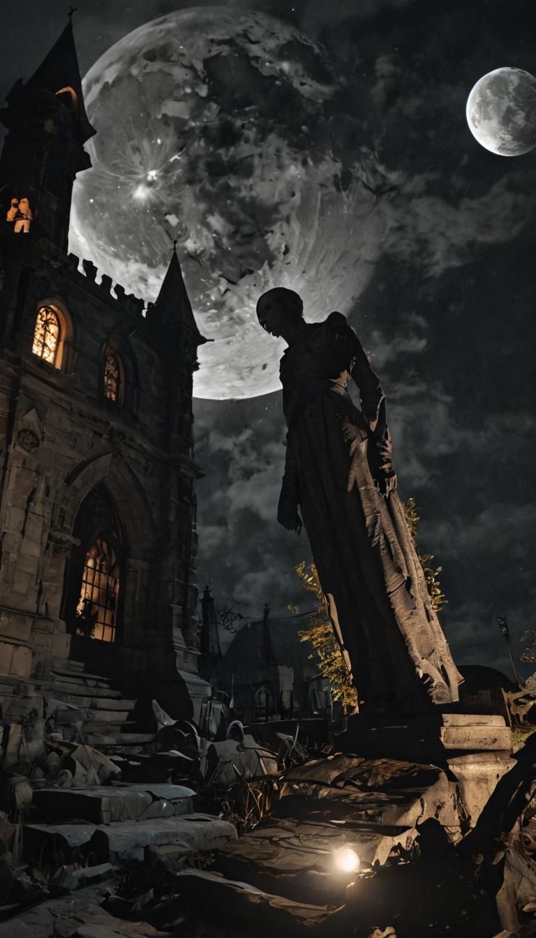 Gothic Figure in Abandoned Churchyard, Digital Art