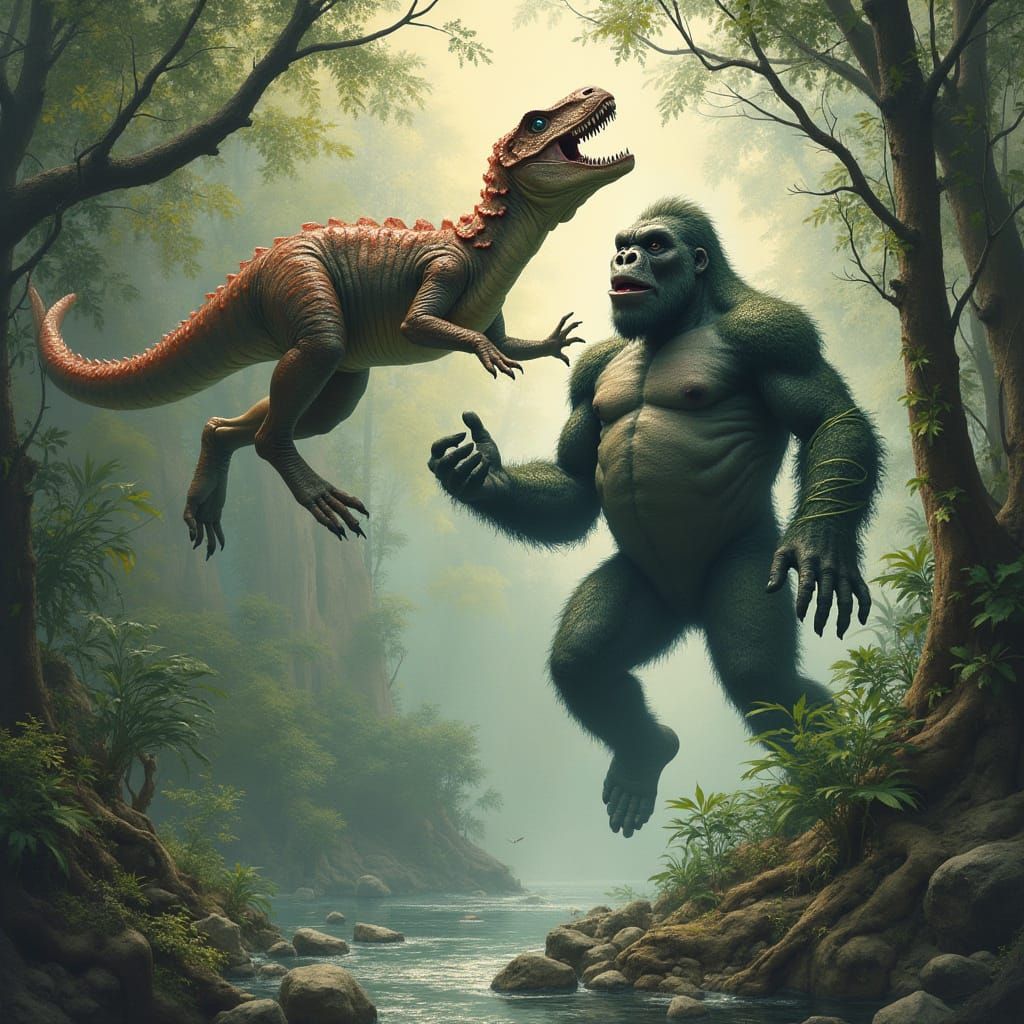 Anaconda Catching Dinosaur and King Kong in Jungle