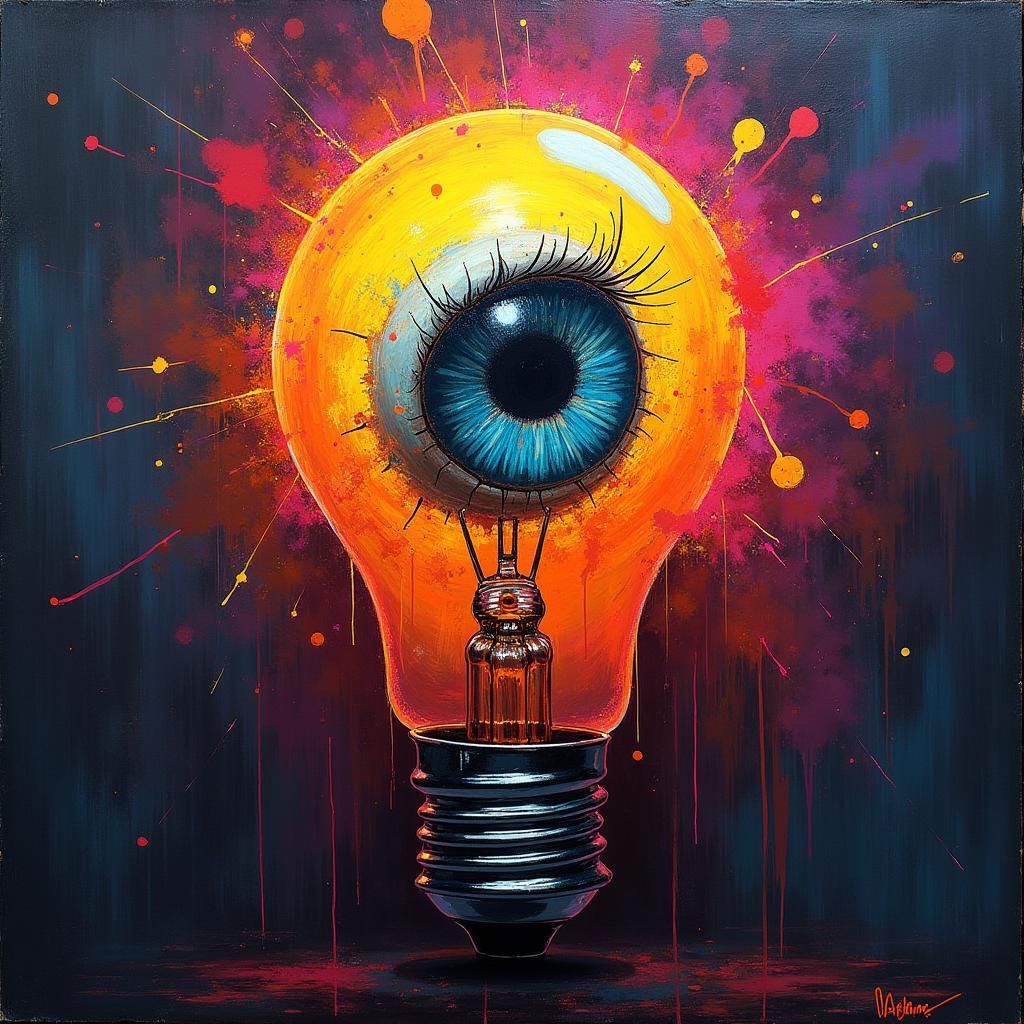 Glowing Eyeball Light Bulb in Neon Graffiti Art