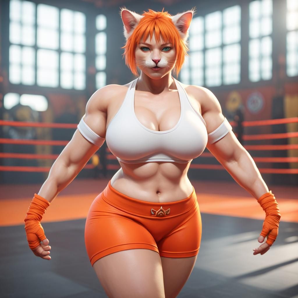 Hyperrealistic Cat Person in Boxing Ring