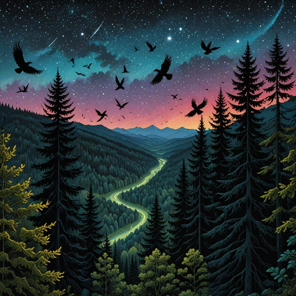 Ravens Huginn & Muninn Soar Over Mystical Forest in Dürer St...