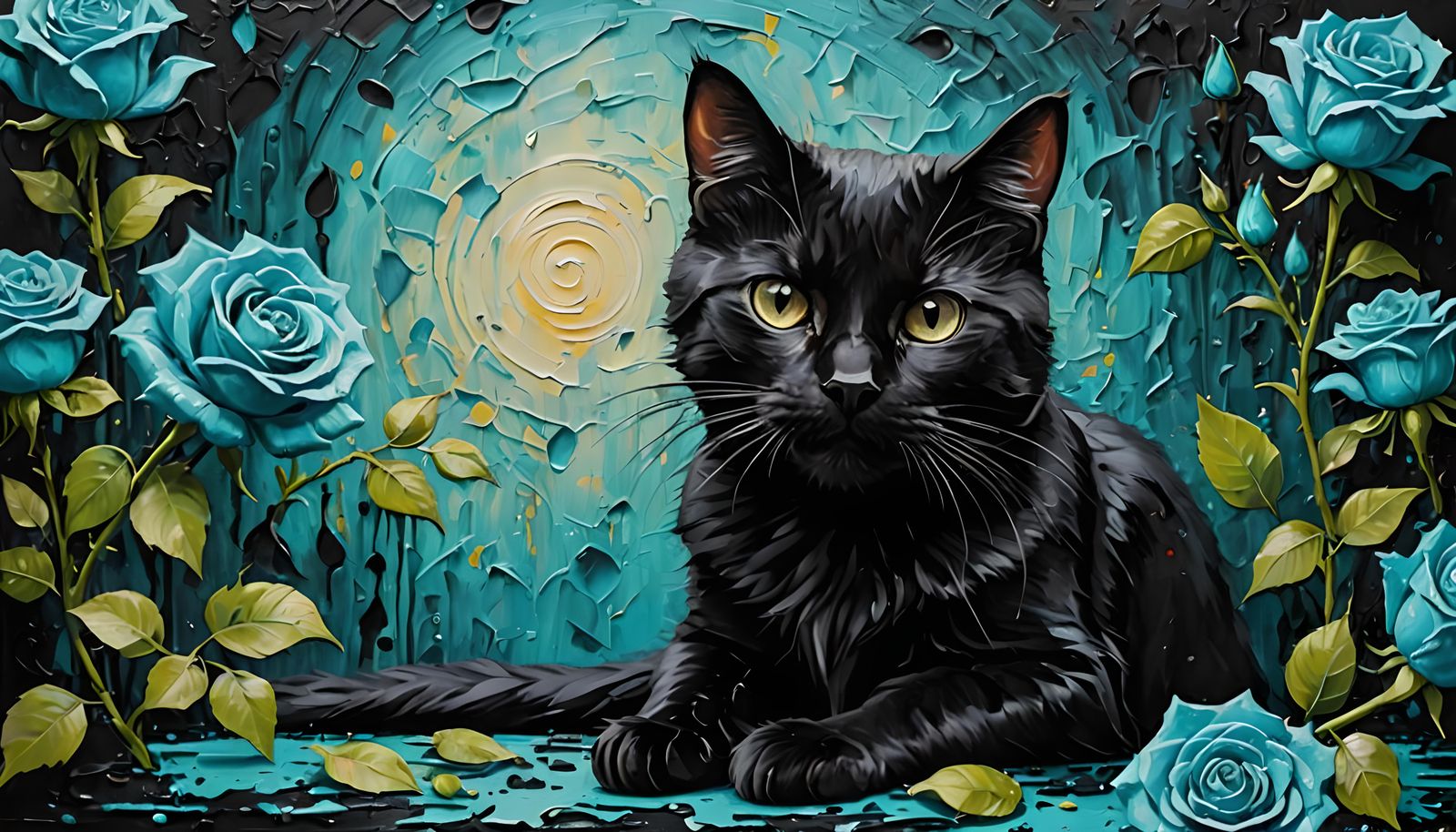 Black Cat with Cyan Roses as Impasto Painting