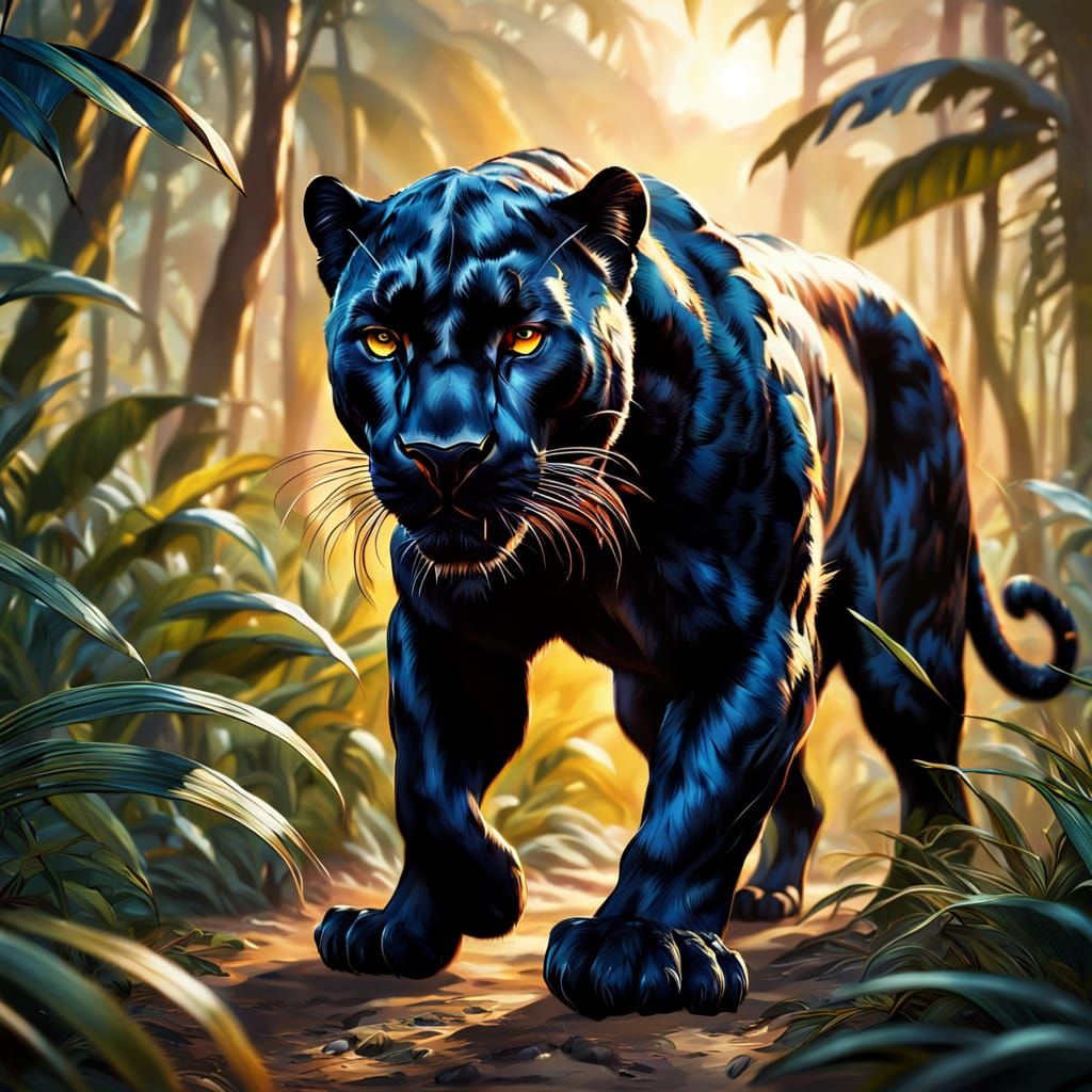 Cyberpunk-Style Black Panther Roams Jungle Under Golden Hour