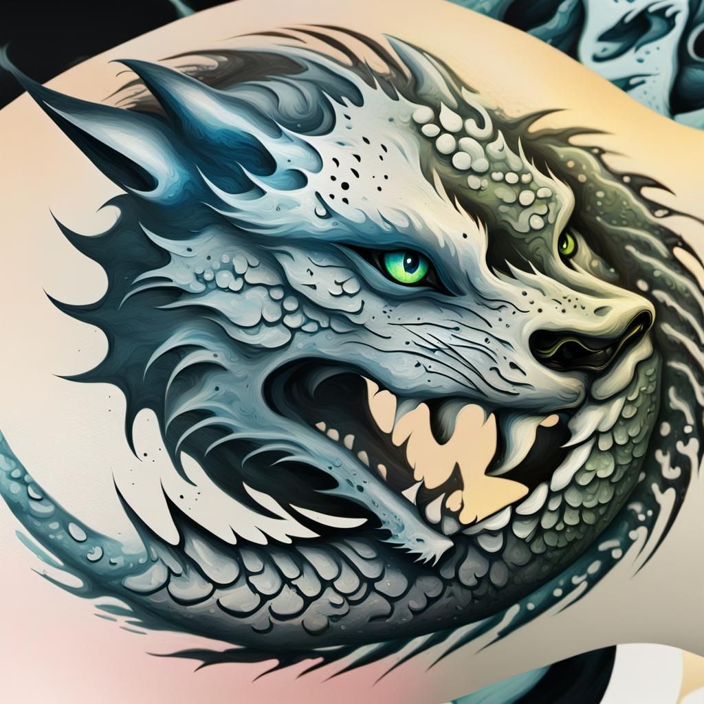 Cosmic Wolf and Dragon Yin-Yang Graffiti Art