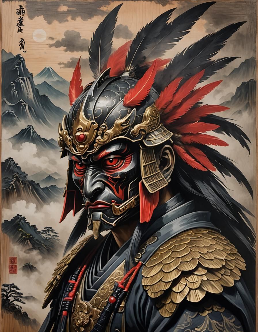 Tengu Ronin Portrait on Polished Wood