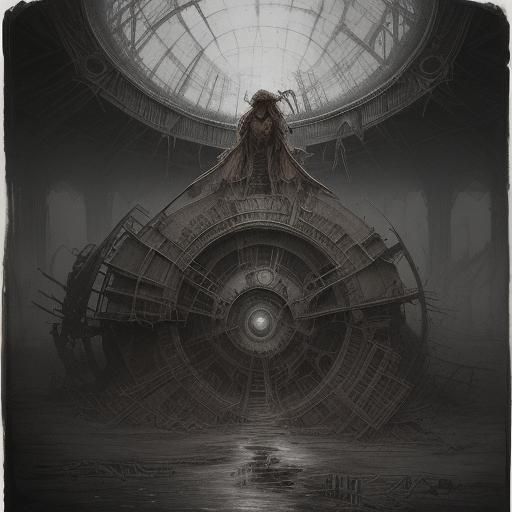 long exposure/ storybook illustration;
Inside vast faded rust.
 Gustave Doré; charcoal drawing, wet wash, infinity, myst...