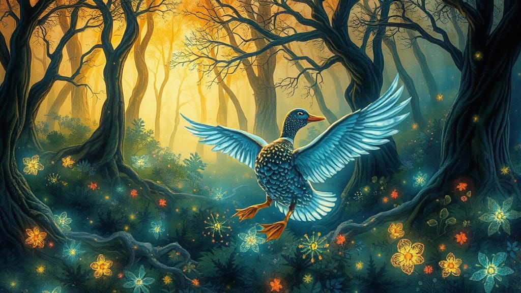 Bioluminescent Duck Dances in Fantastical Forest, Watercolor...