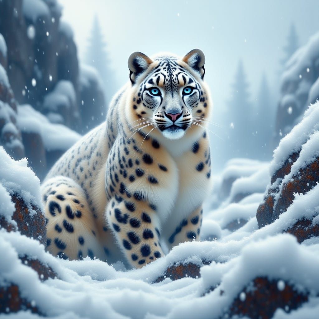 Majestic Snow Leopard Endures Arctic Storm in Wilderness Hab...
