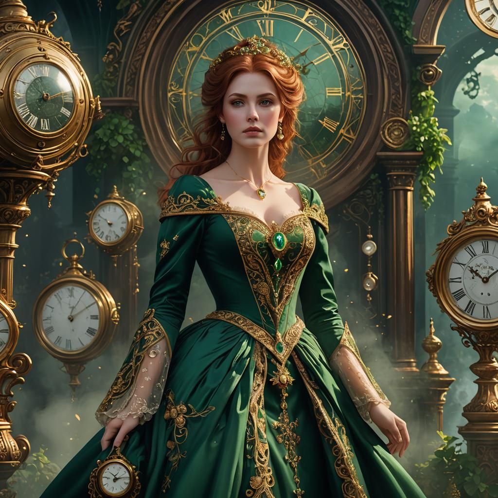 Victorian Dreamer in Emerald Gown with Floating Clocks
