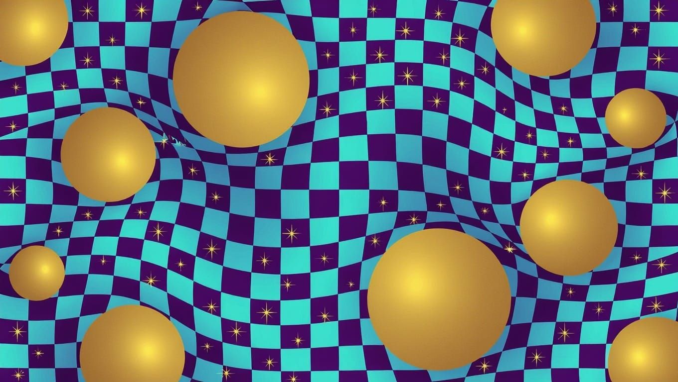 Vibrant Checkerboard Patterns Dance on Golden Spheres