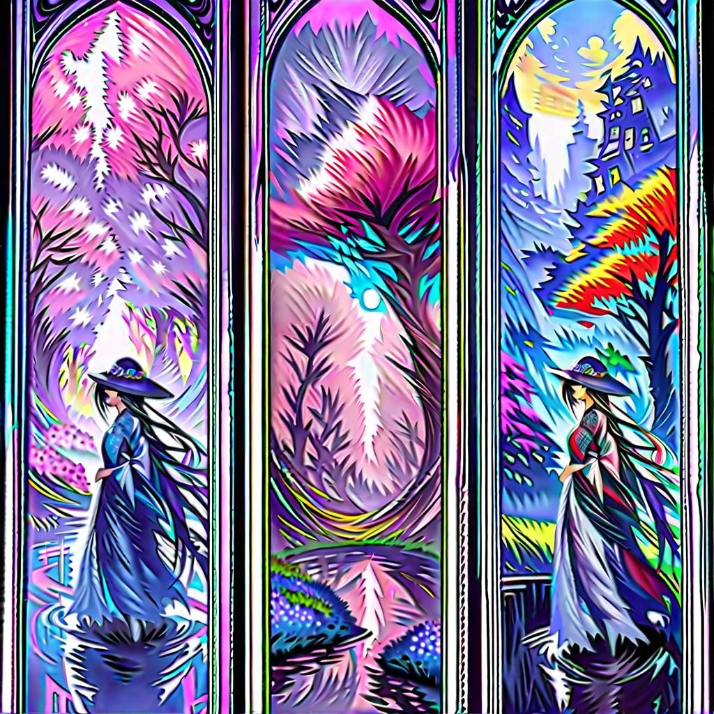 Cherry Blossom Triptych in Stained Glass Style