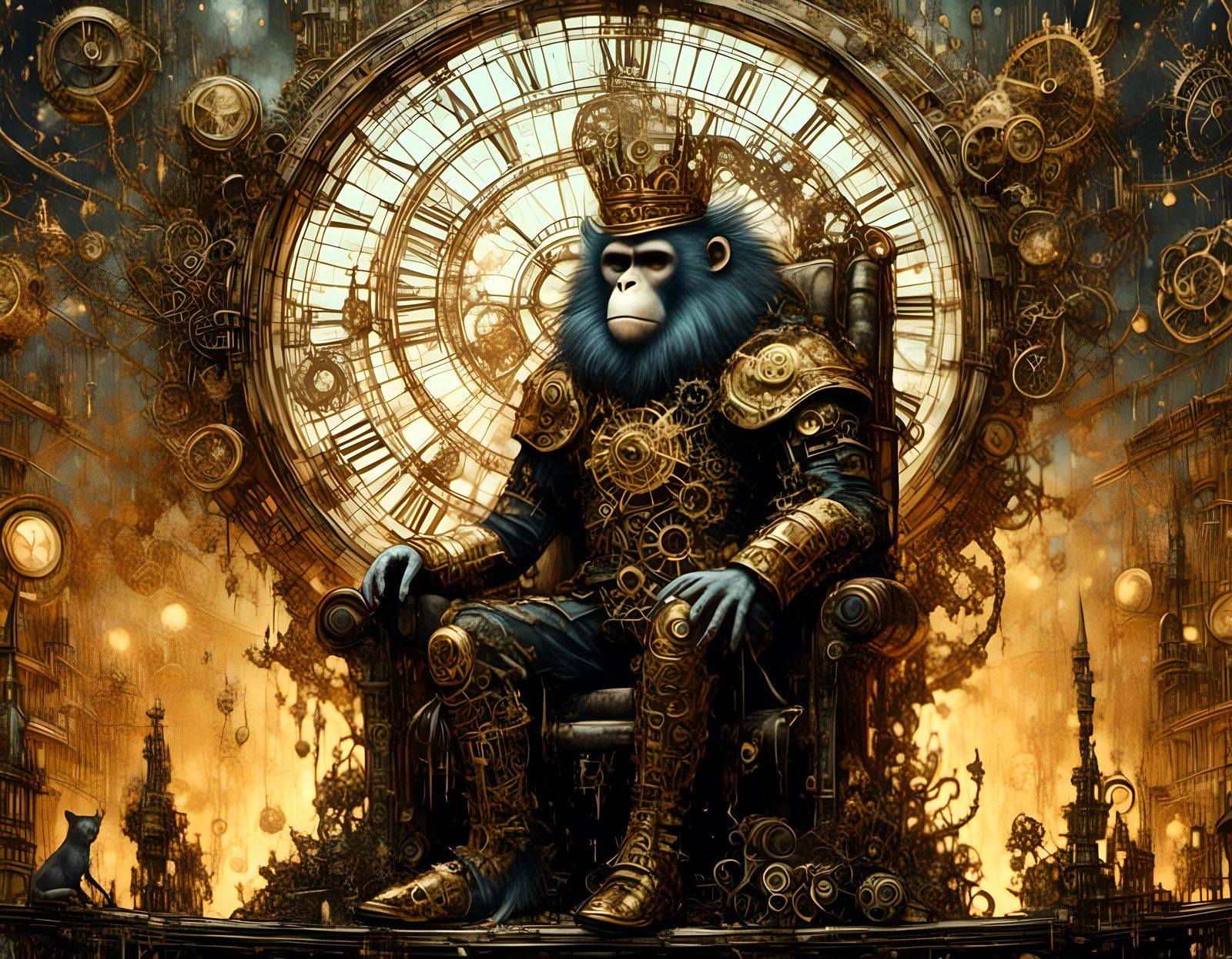 Steampunk Hanuman: Monkey Warrior King on Airship Throne