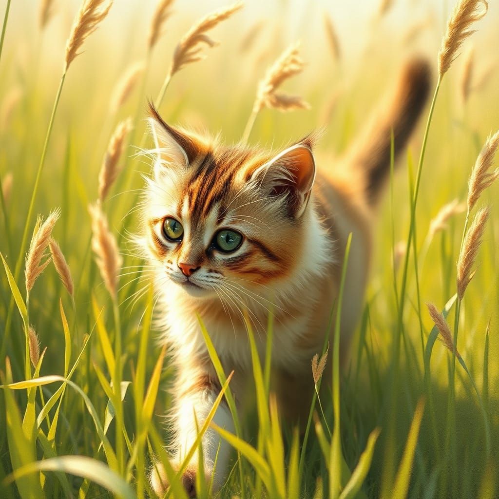 Impressionist Cat in Meadow, Sunlit Artwork