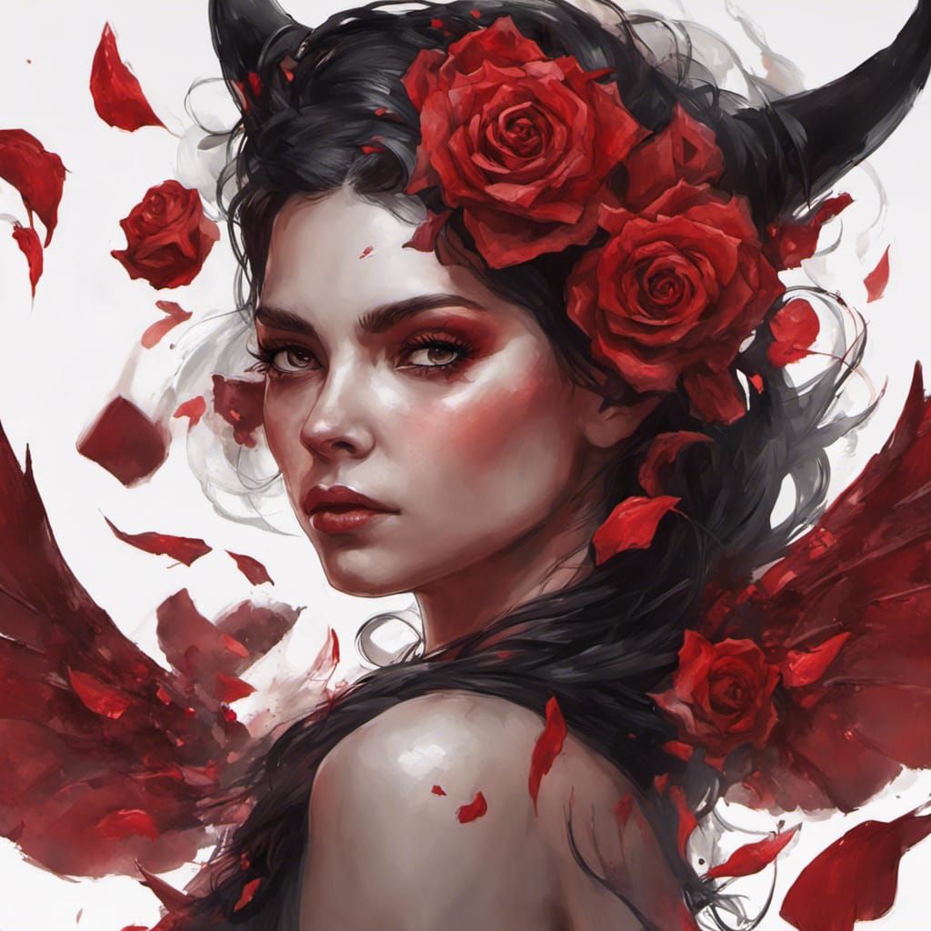 Devil Woman with Wings and Roses, Detailed Portrait