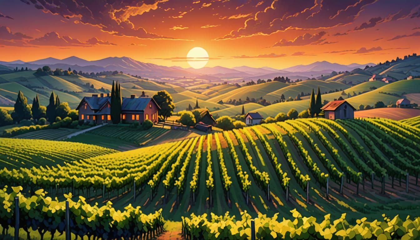 Vineyard Sunset in Comic Book Style