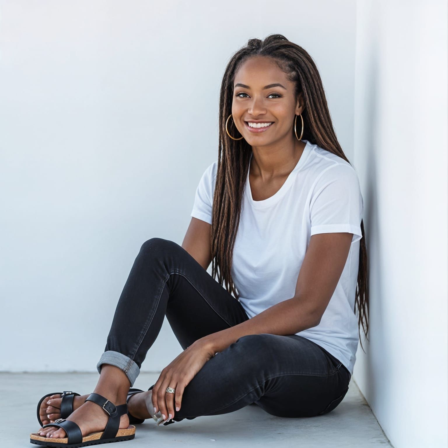 Antiguan Model Smiling Flirtatiously Near White Wall