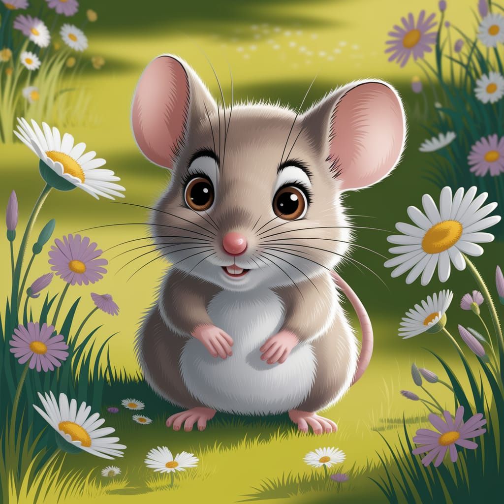 Shy Mouse Peeks from Daisy in Children's Illustration