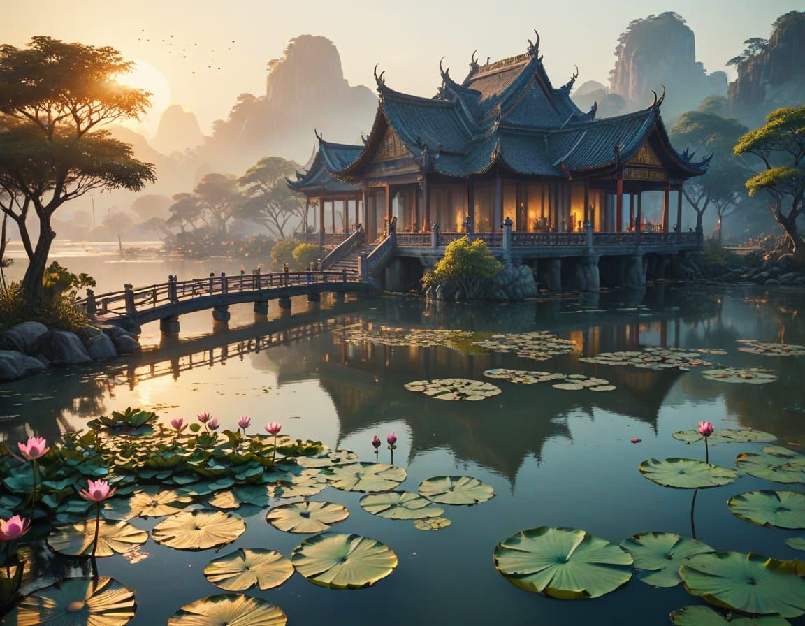 Fantasy Village on Lotus Lake: Vibrant Watercolor Scene