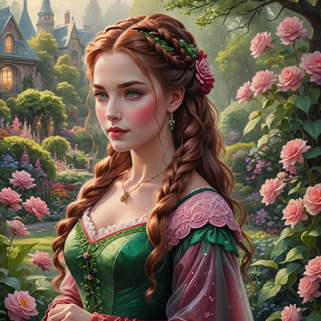 Auburn Braid in Ethereal Garden, Fantasy Art